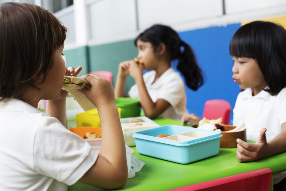 Group of Kindergarten Students Eating Food Lunch Break Together